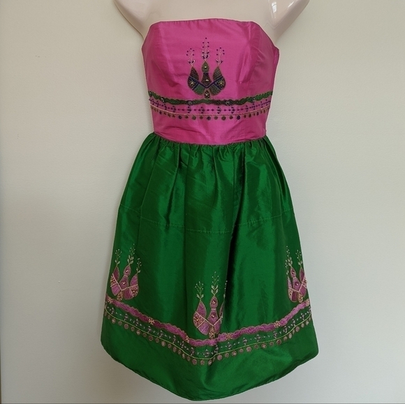 BETSEY JOHNSON Indian embroidered silk mini dress strapless 2 xs small - Picture 2 of 14